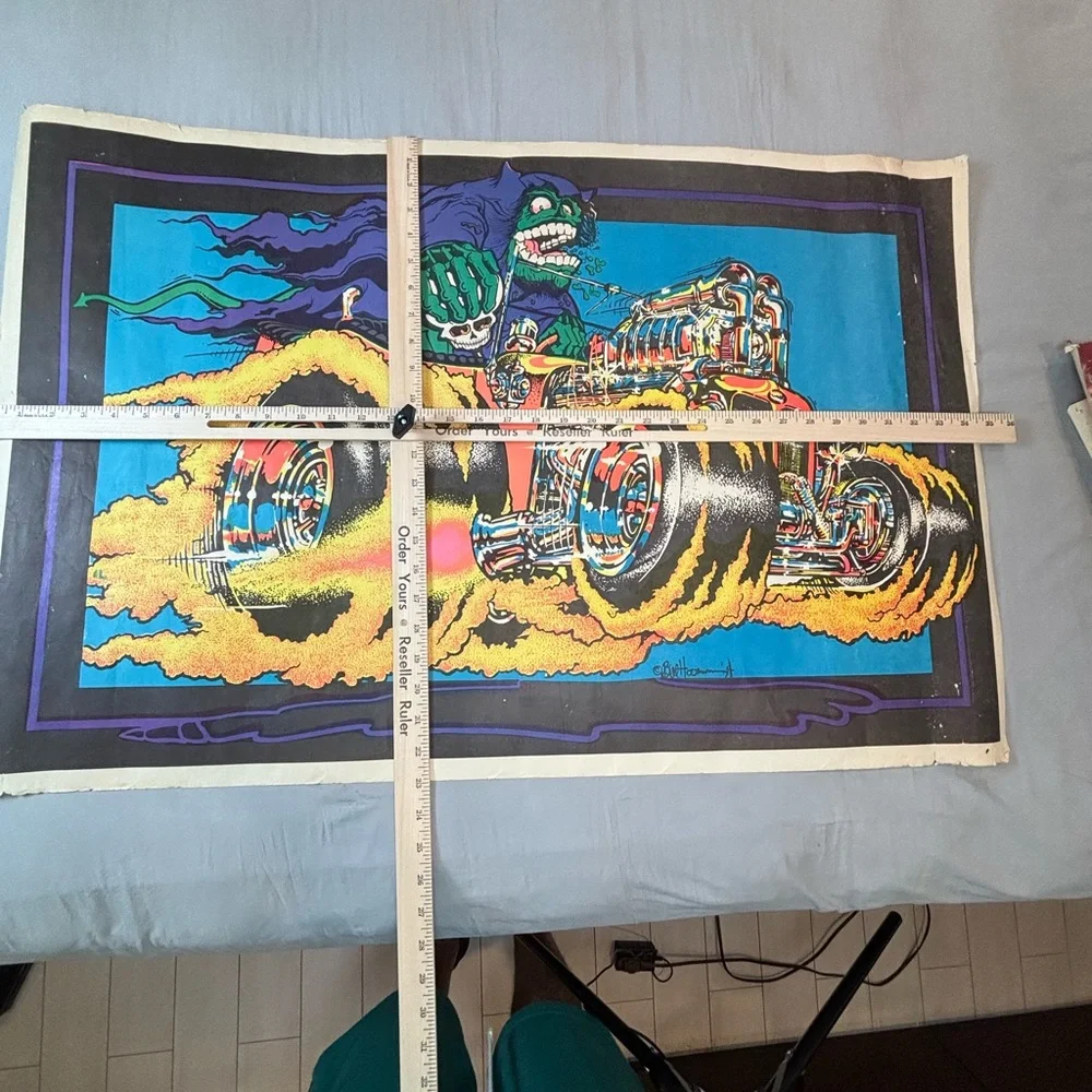 Vintage 1970s Black Light Poster Hot‎ Rod Grim Reaper 34.75x3 Inch
